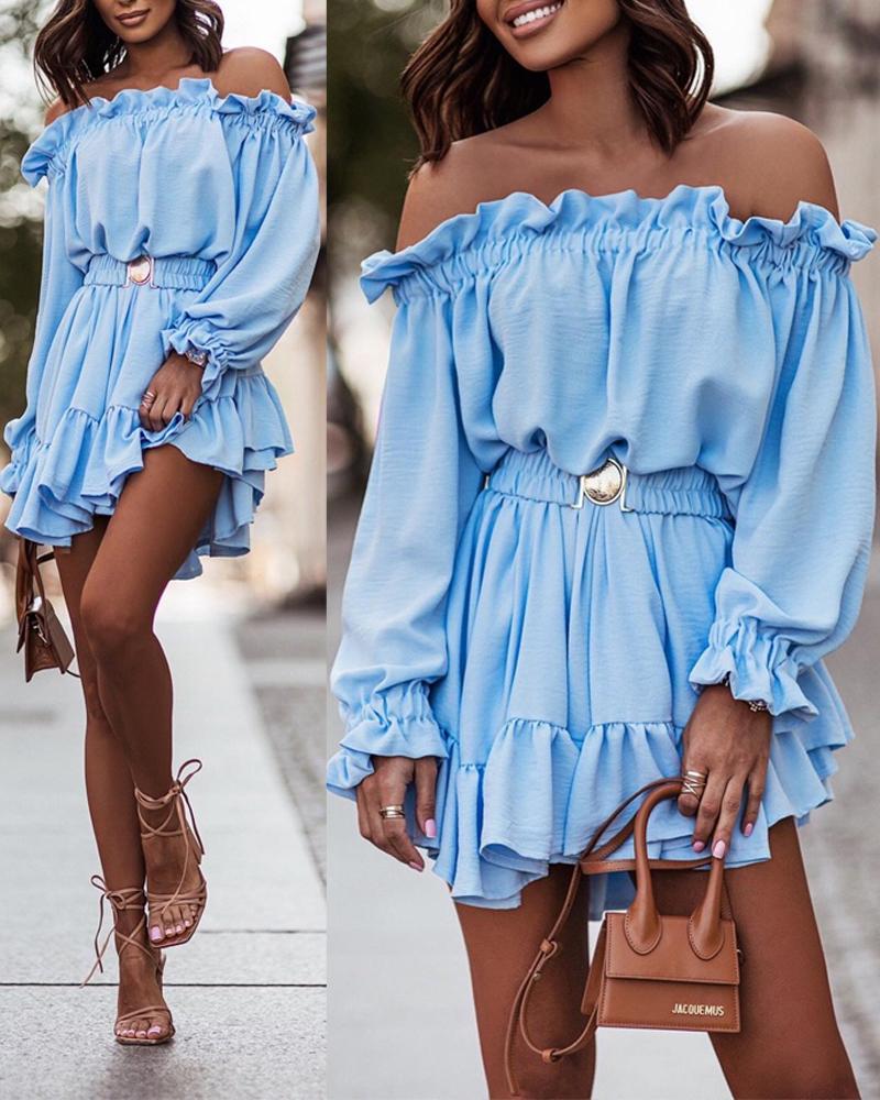 

Off Shoulder Ruffle Hem Belted Casual Dress, Blue
