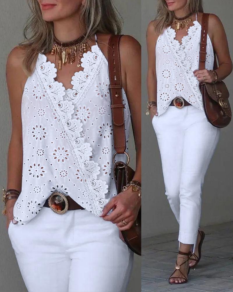 

Eyelet Embroidery Lace Patch Halter Wrap Tank Top, White