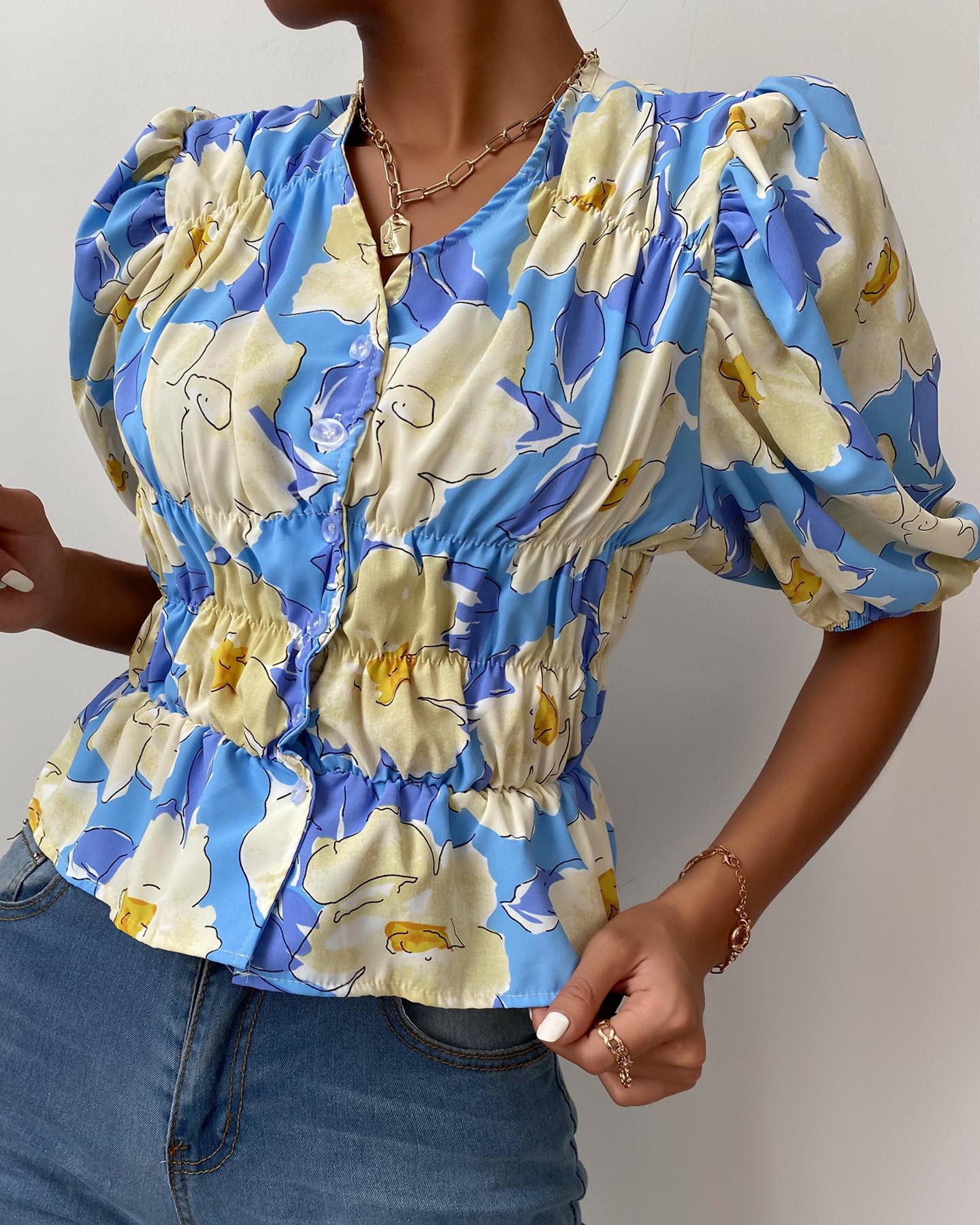

Floral Print V Neck Ruched Button Design Top, Yellow