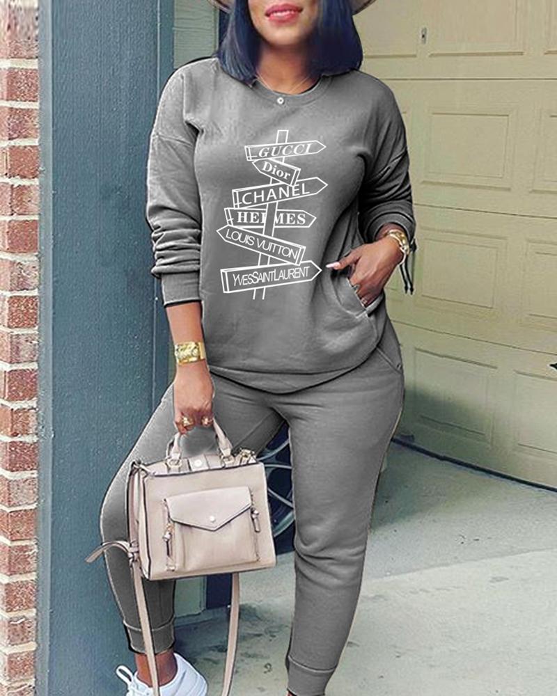 

Graphic Letter Print Pocket Design Top & Pants Set, Dark grey