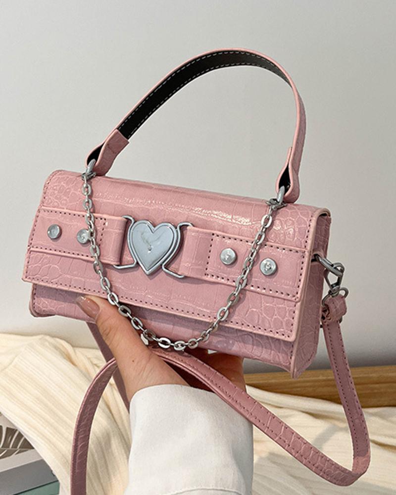 

Chain Decor Heart Belted Rectangular Satchel Bag, Pink