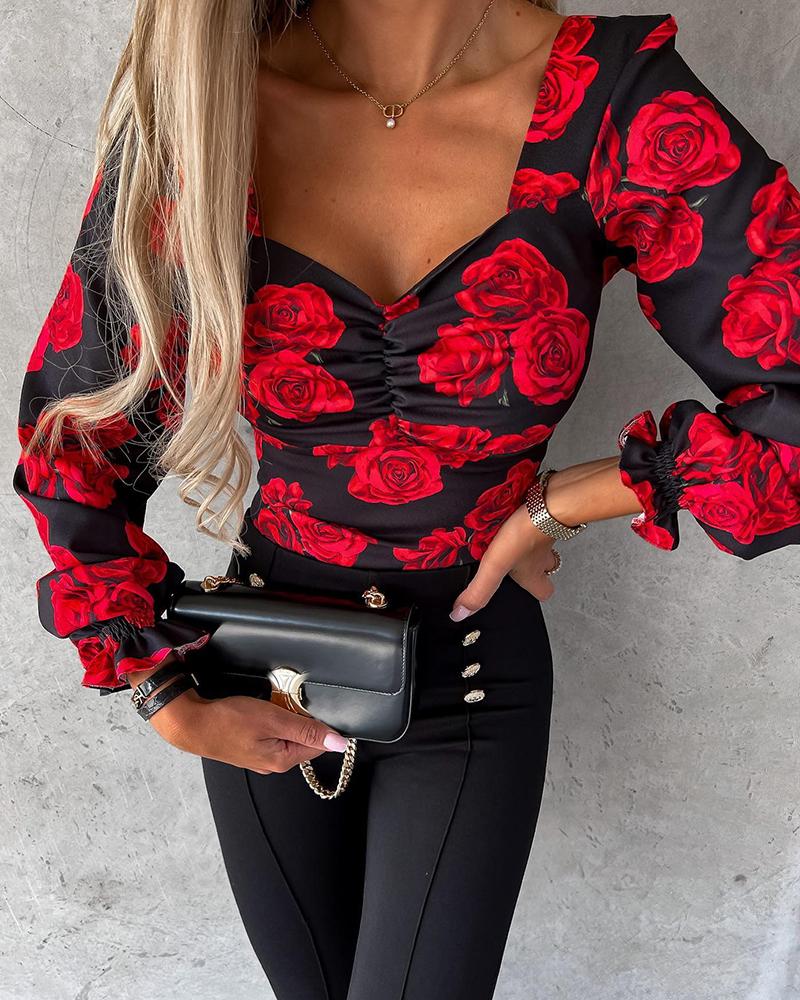 

Rose Print Lantern Sleeve Ruched Top, Red