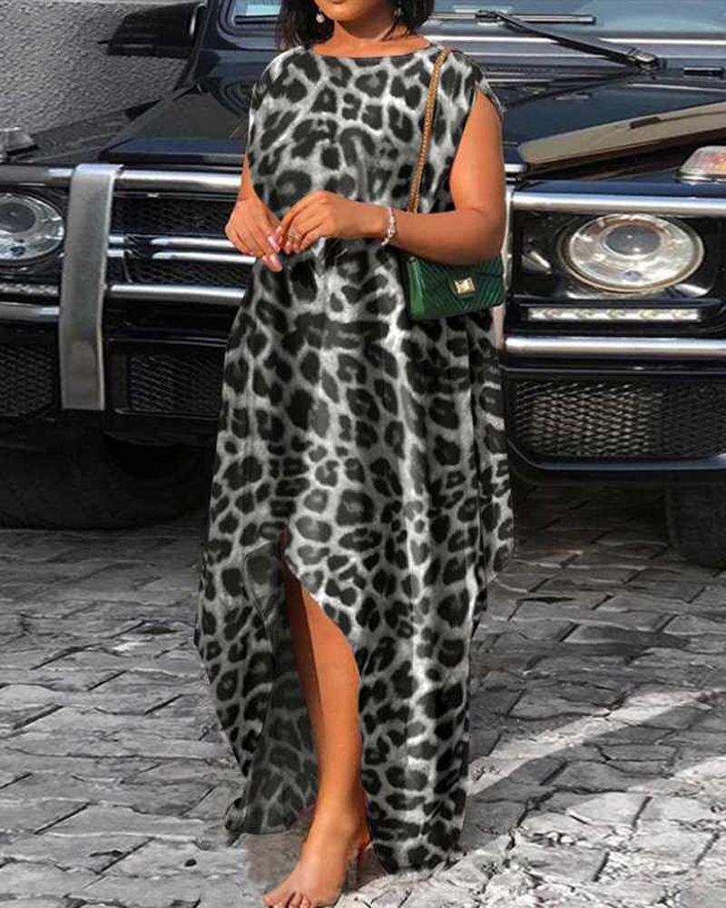 

Plus Size Leopard Print Dip Hem Sleeveless Casual Dress, Gray