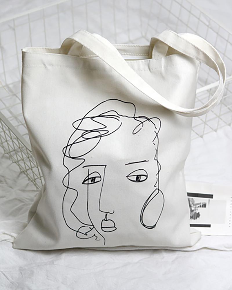 

Figure Print Tote Canvas Bag, White