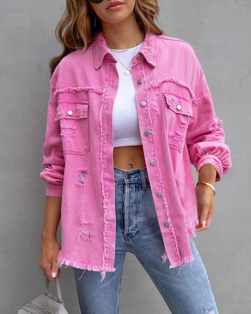 

Ripped Raw Hem Pocket Design Demin Coat, Hot pink