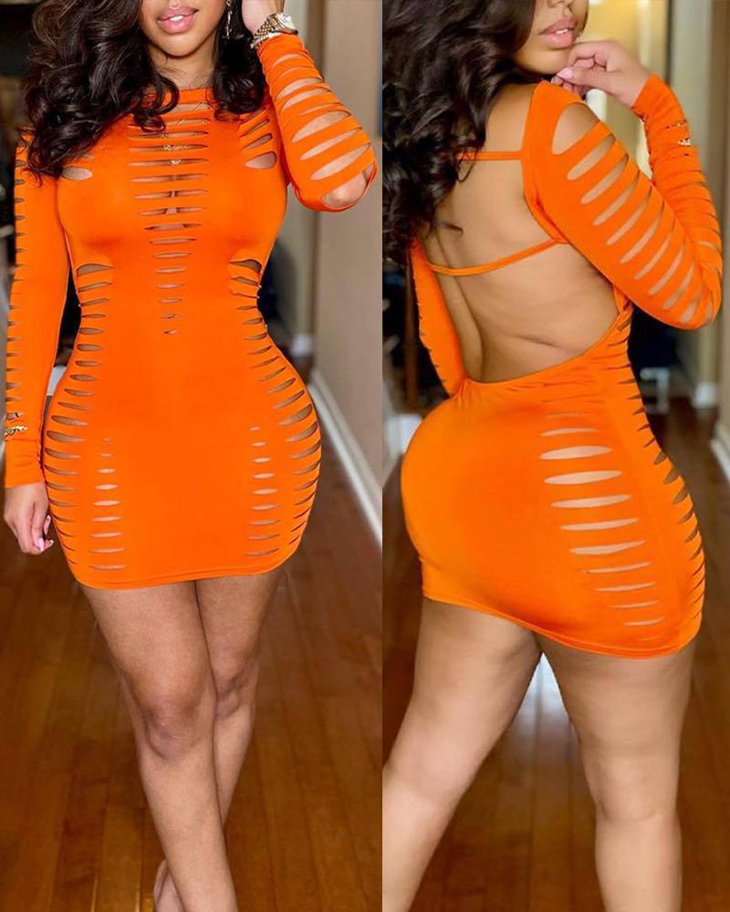 

Long Sleeve Ladder Cutout Backless Bodycon Dress, Orange