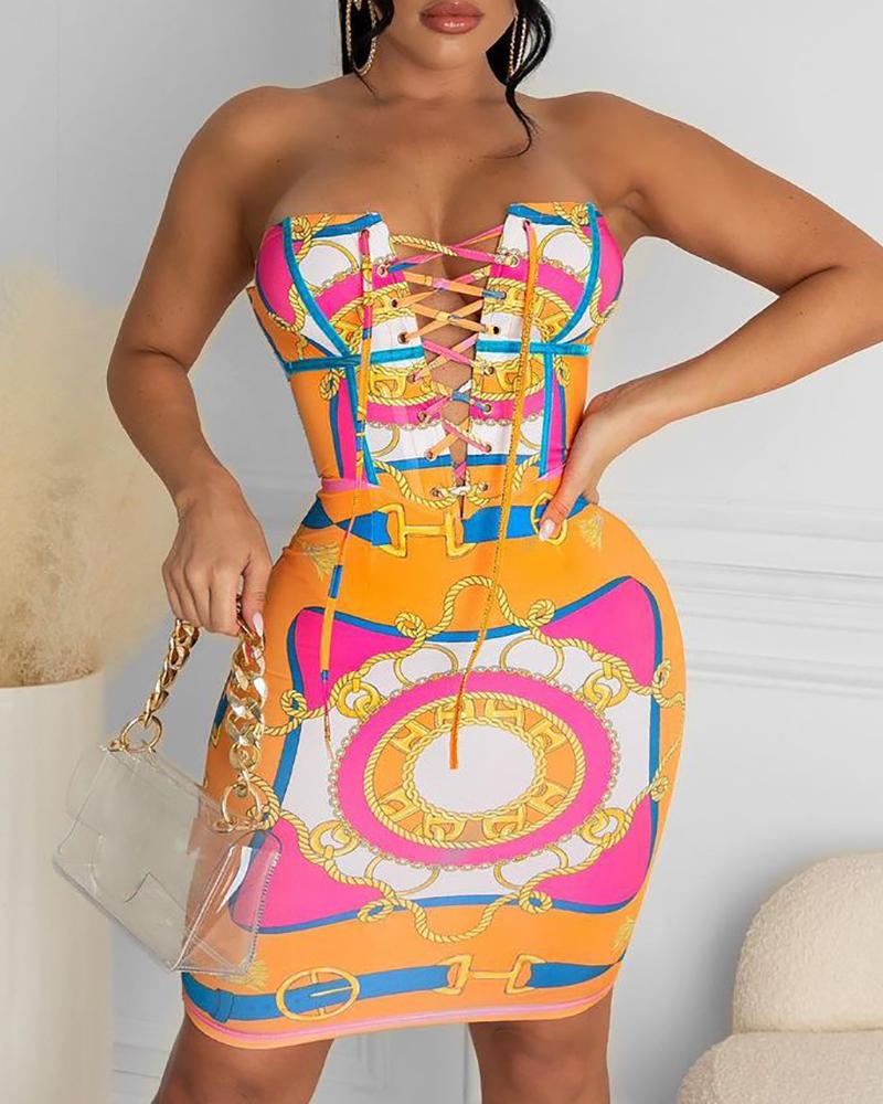 

Eyelet Lace-up Bandeau Scarf Print Dress, Orange