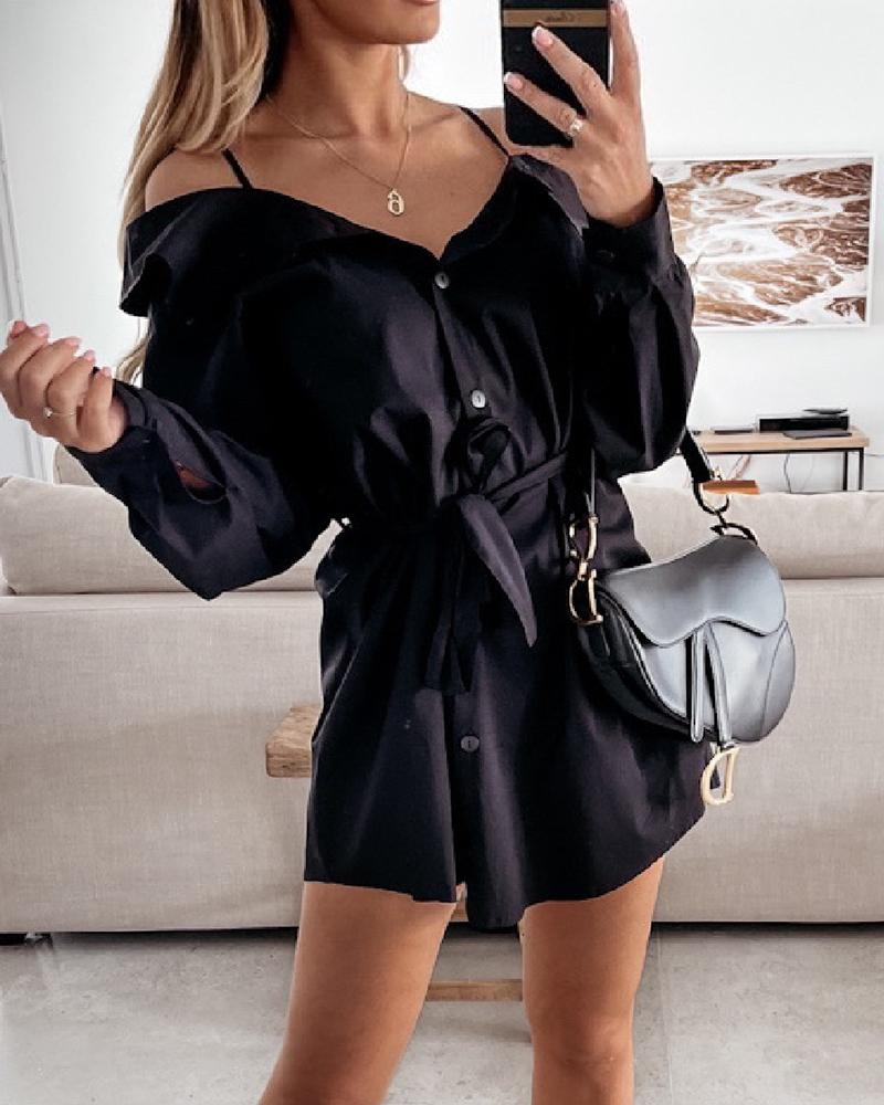 

Solid Cold Shoulder Button Front Belted Cami Shirt Dress, Black