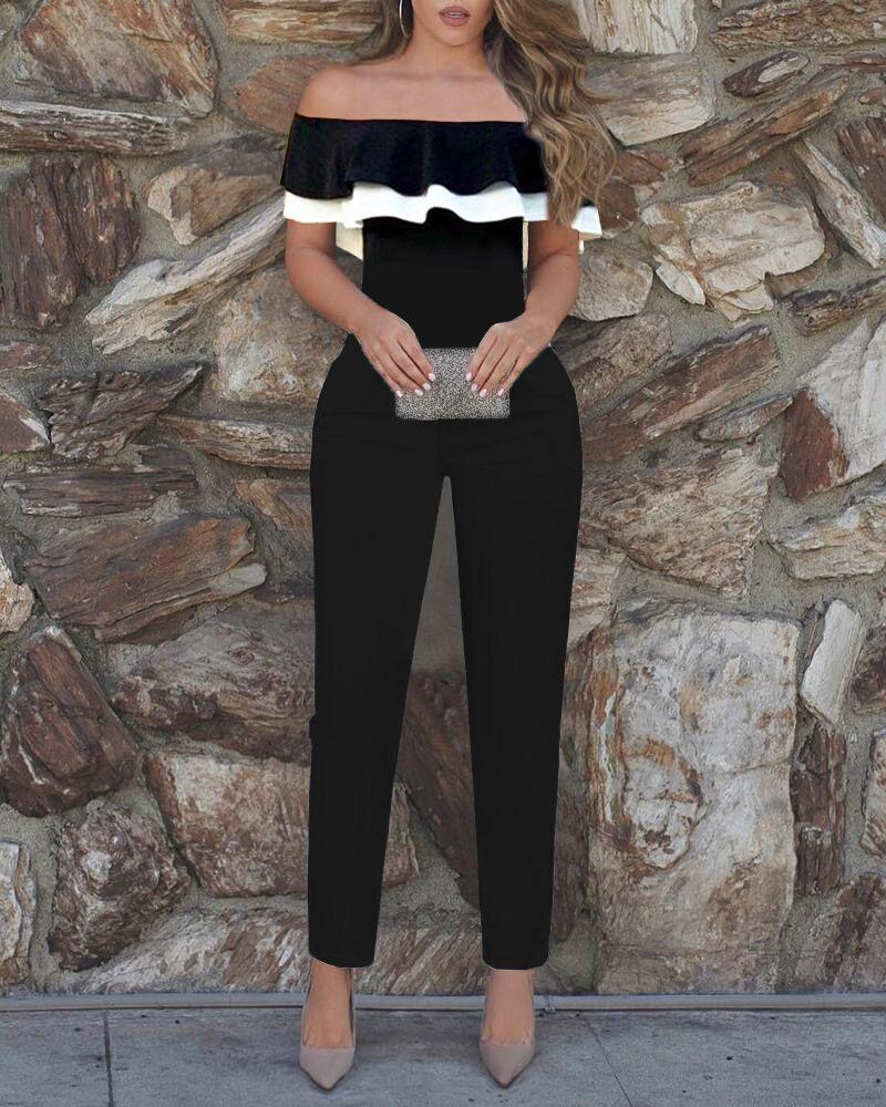 

Contrast Paneled Off Shoulder Ruffles Jumpsuit, Black
