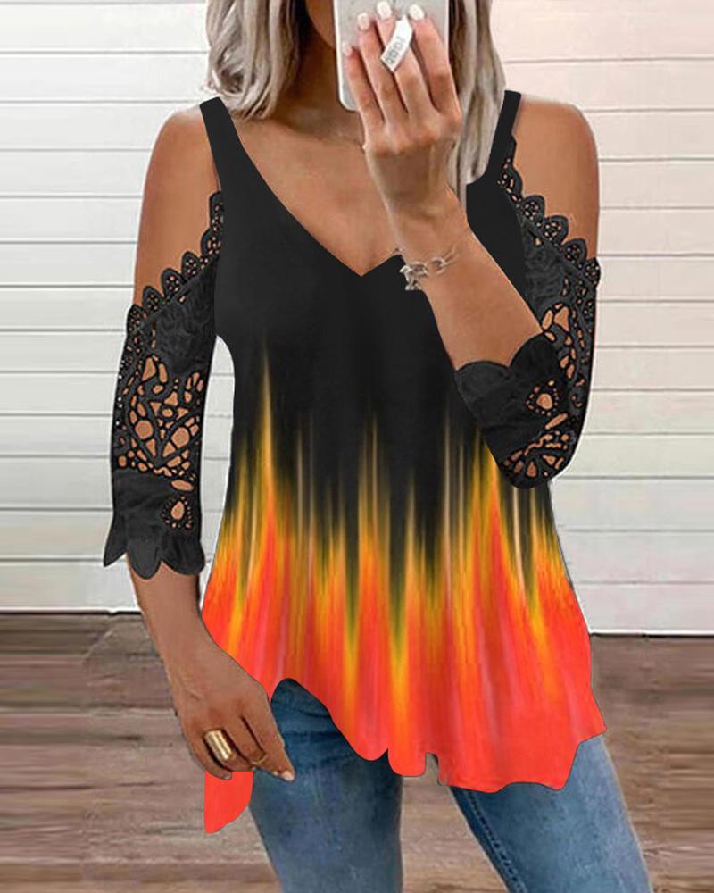 

Colorblock Contrast Lace Cold Shoulder Top, Orange