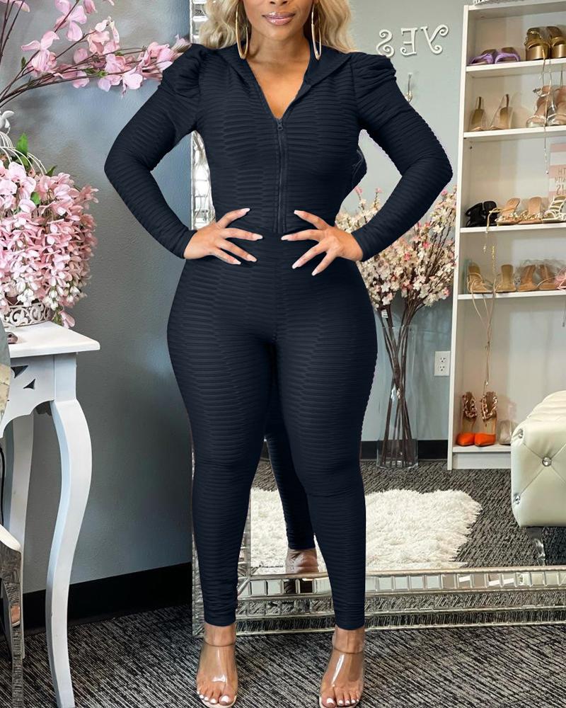 

Textured Puff Sleeve Hooded Zip Up Top & Pants Set, Black