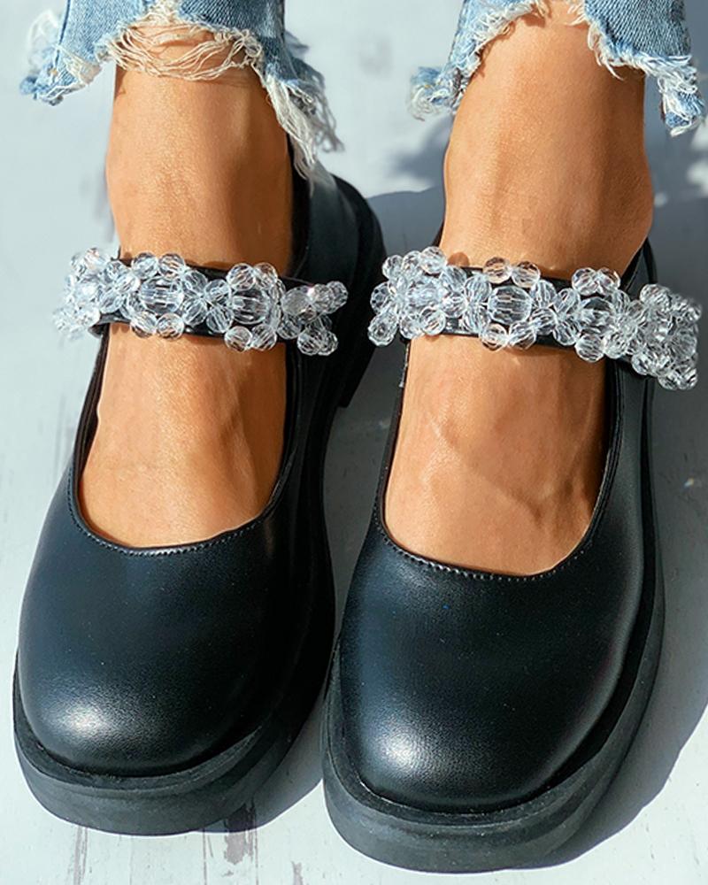 

Rhinestone Decor Strap Mary Jane Flats, Black