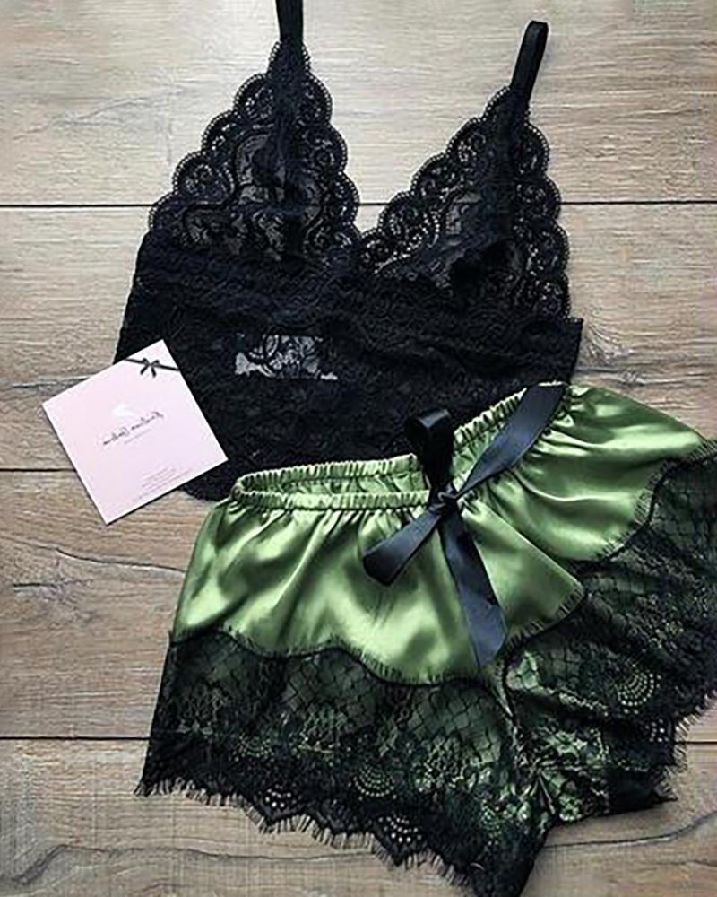 

Eyelash Crochet Lace Satin Bowknot Cami Set, Army green