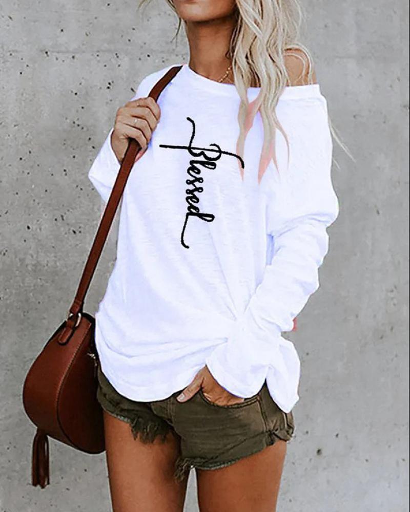 

Plus Size Letter Print Long Sleeve Top, White