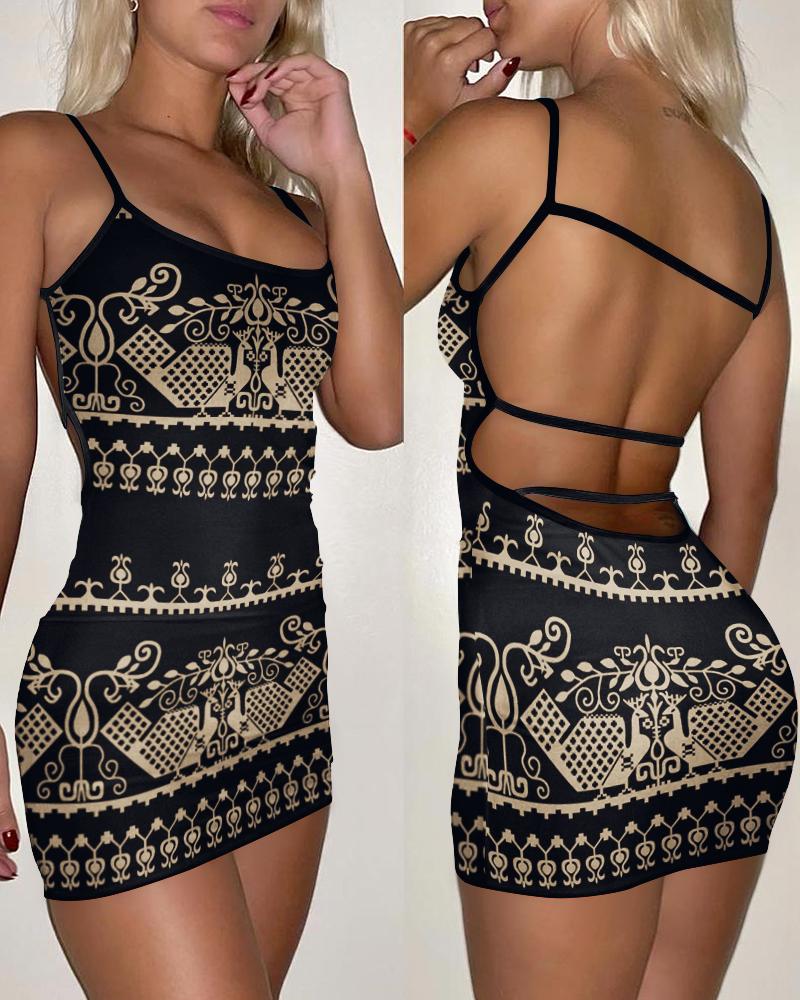 

Tribal Print Backless Bodycon Dress, Black