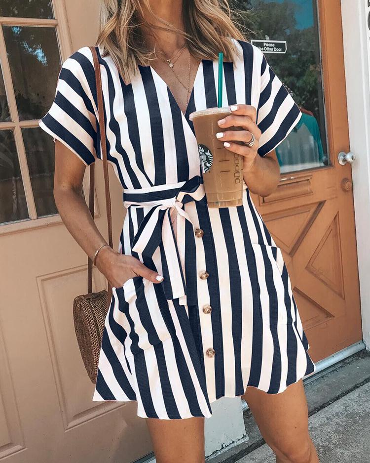 

Striped Button Belted Pocket Design Dress, Purplish blue