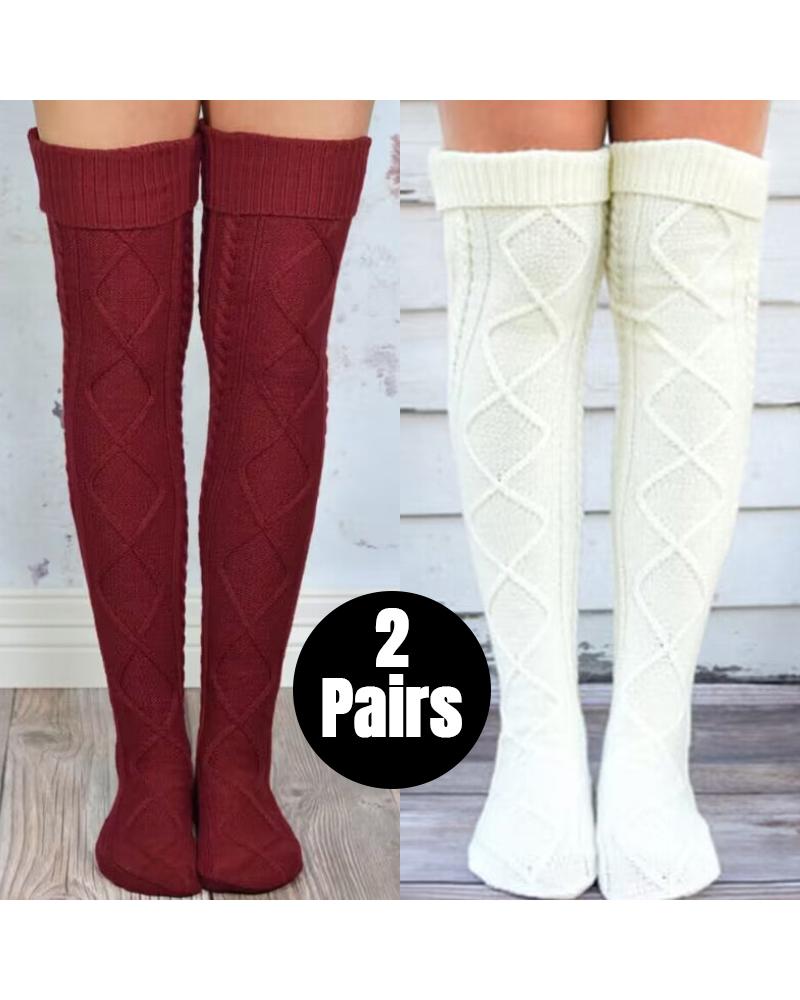 

2Pairs Cable Knit Thigh High Boot Socks Over The Knee Winter Stockings Leg Warmers, Style1