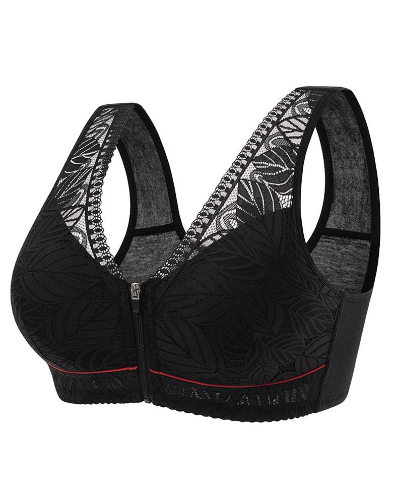 

Zip Up Leaf Pattern Wireless Lifting Bralette, Black