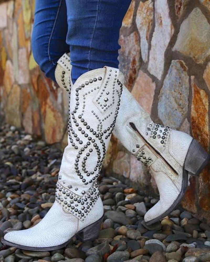 

Studded Chunky Heel Calf Cowboy Boots, White