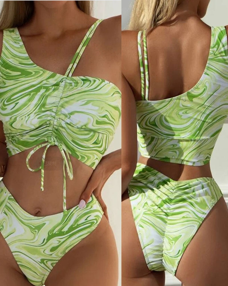 

Marble Print Drawstring Ruched Bikini Set, Green