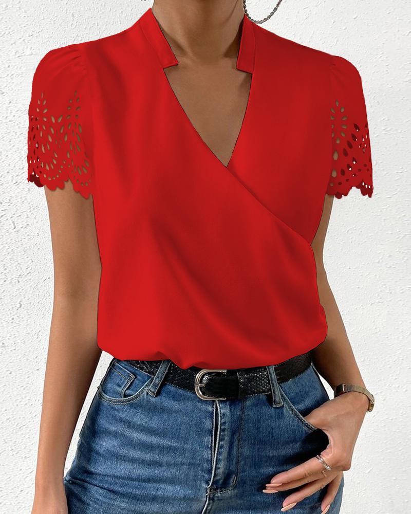 

Lace Patch Notch Neck Wrap Blouse, Red