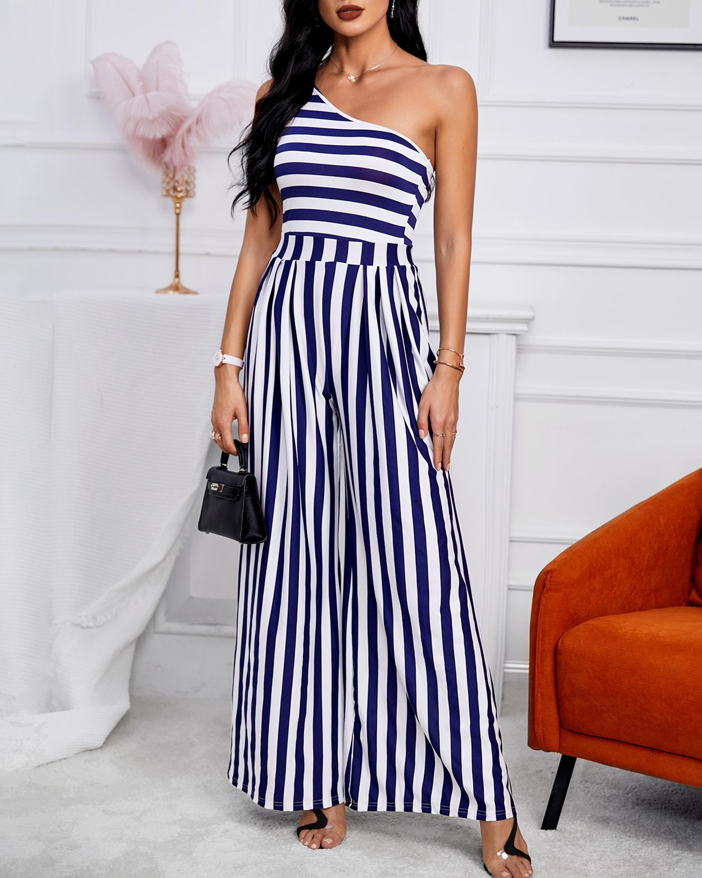 

One Shoulder Striped Print Wide Leg Jumpsuit, Purplish blue