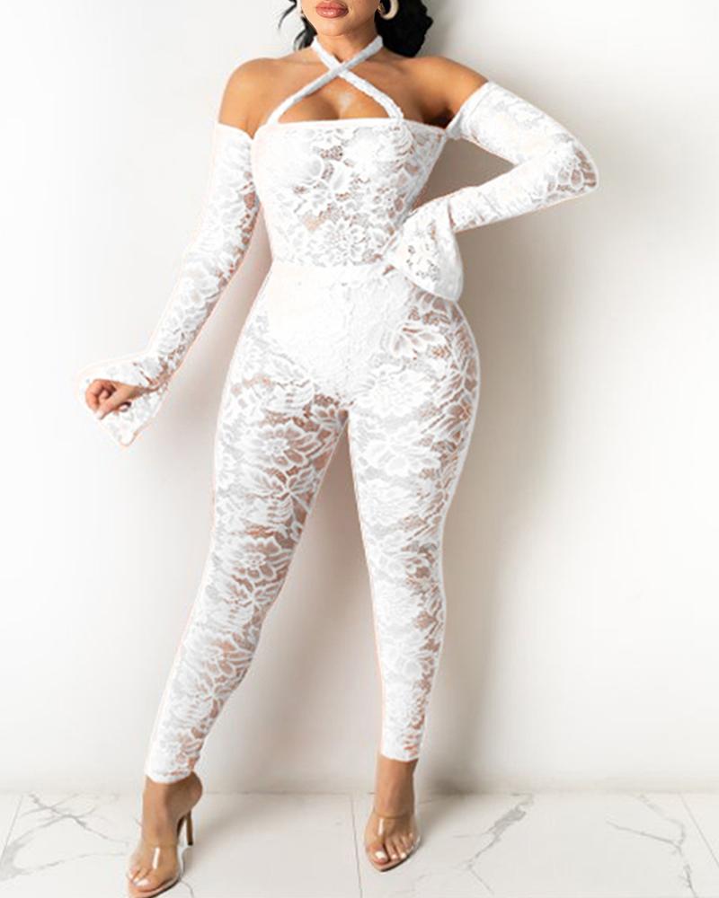 

Halter Cold Shoulder Crochet Lace Bell Sleeve Jumpsuit, White
