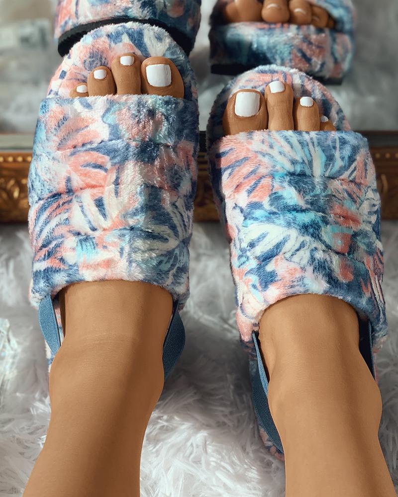 

Floral Pattern Open Toe Fluffy Slipper, Blue