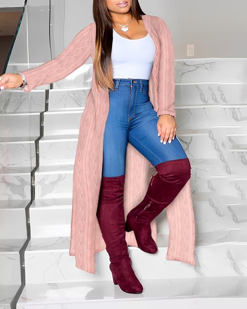 

Plus Size Cable Textured Slit Longline Coat, Pink