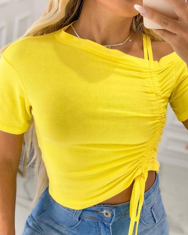 Cold Shoulder Drawstring Ruched Ribbed Crop Top