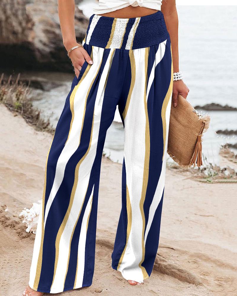 

Colorblock Shirred High Waist Wide Leg Pants, Blue