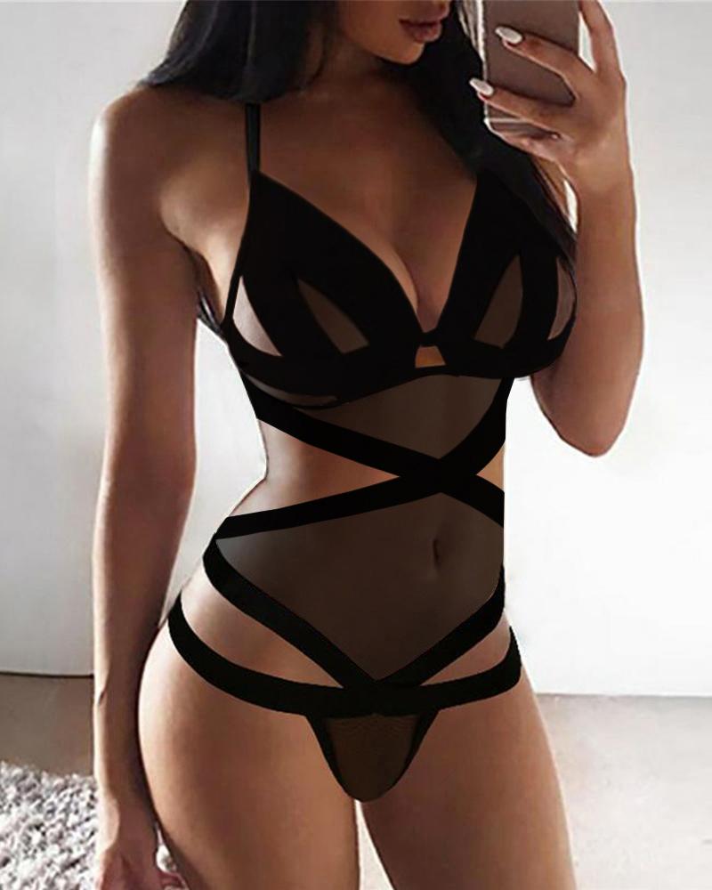 

Sheer Mesh Cutout Teddy, Black