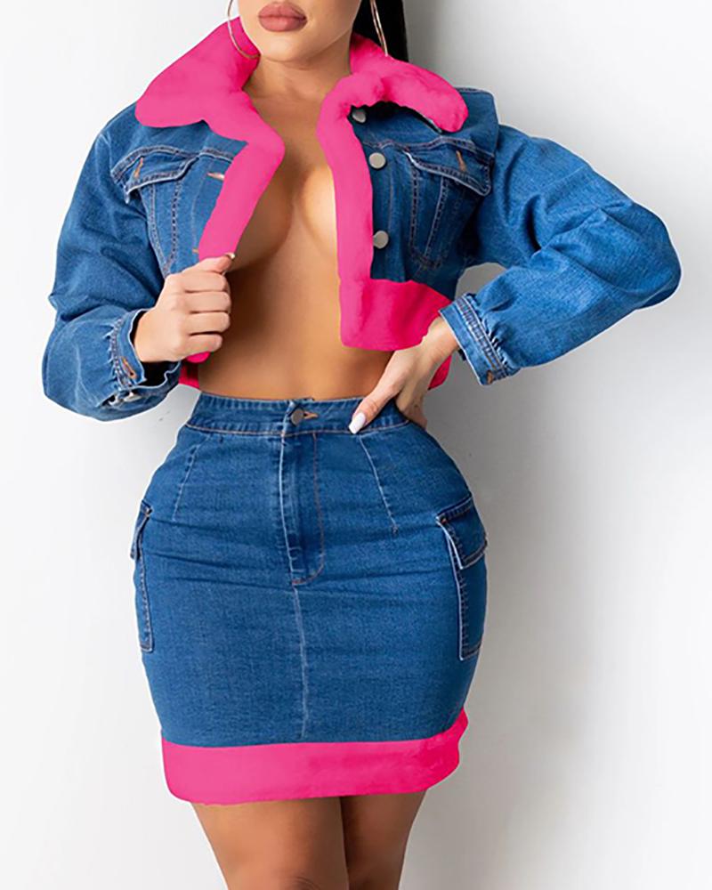 

Fluffy Denim Long Sleeve Coat & High Waist Skirt Set, Hot pink