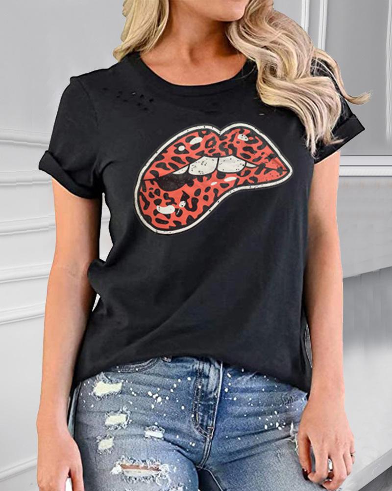 

Leopard Lip Print Short Sleeve T-shirt, Style5