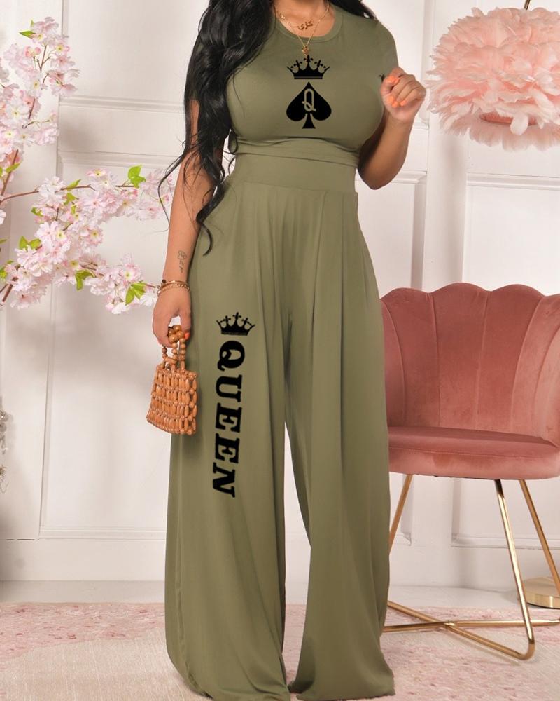 

Letter Print Short Sleeve Top & Wide Leg Pants Set, Green