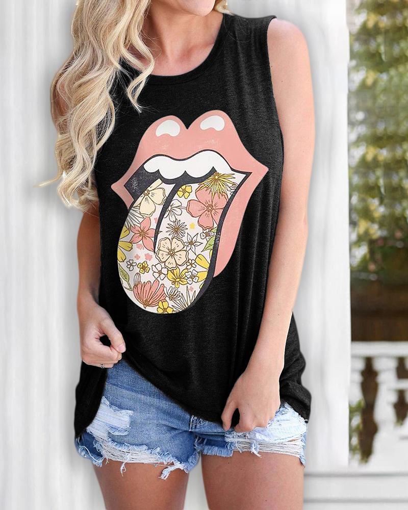 

Floral Lip Print Casual Tank Top, Black