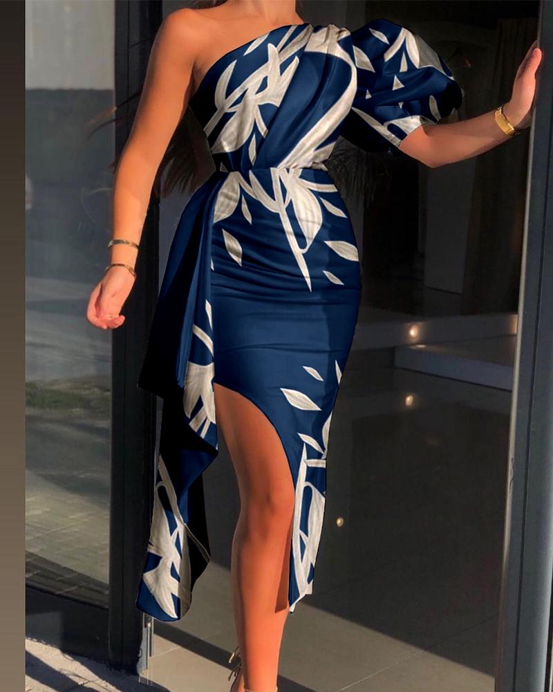 

Plants Print One Shoulder Puff Sleeve Slit Dress, Purplish blue