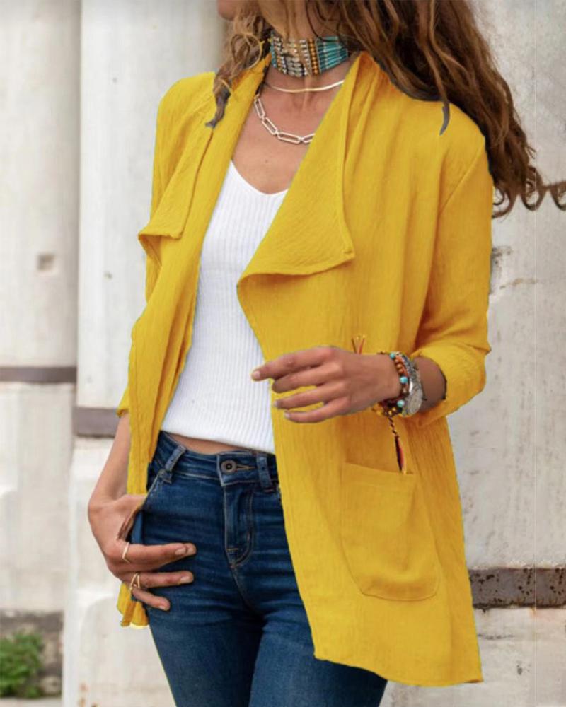 

Pocket Detail Open Front Long Sleeve Top, Yellow