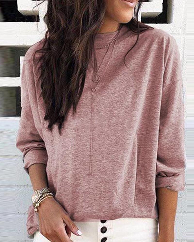 

Round Neck Long Sleeve Casual Top, Red