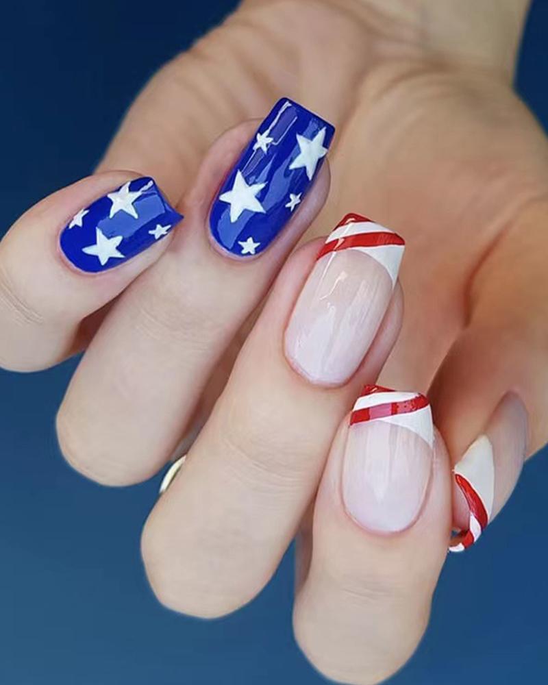 

24pcs Independence Day Flag Design Press On Short Square Fake Nails Set, Multicolor