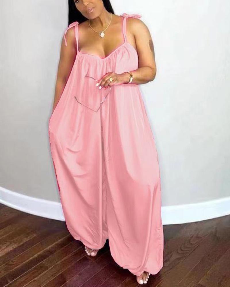 

Plus Size Tied Detail Spaghetti Strap Wide Leg Jumpsuit, Pink