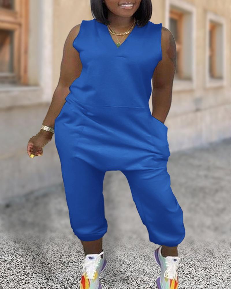 

Plus Size V-Neck Pocket Design Sleeveless Jumpsuit, Blue