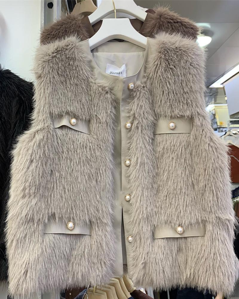 

Fake Pocket Button Design Faux Fur Vest Coat, Gray