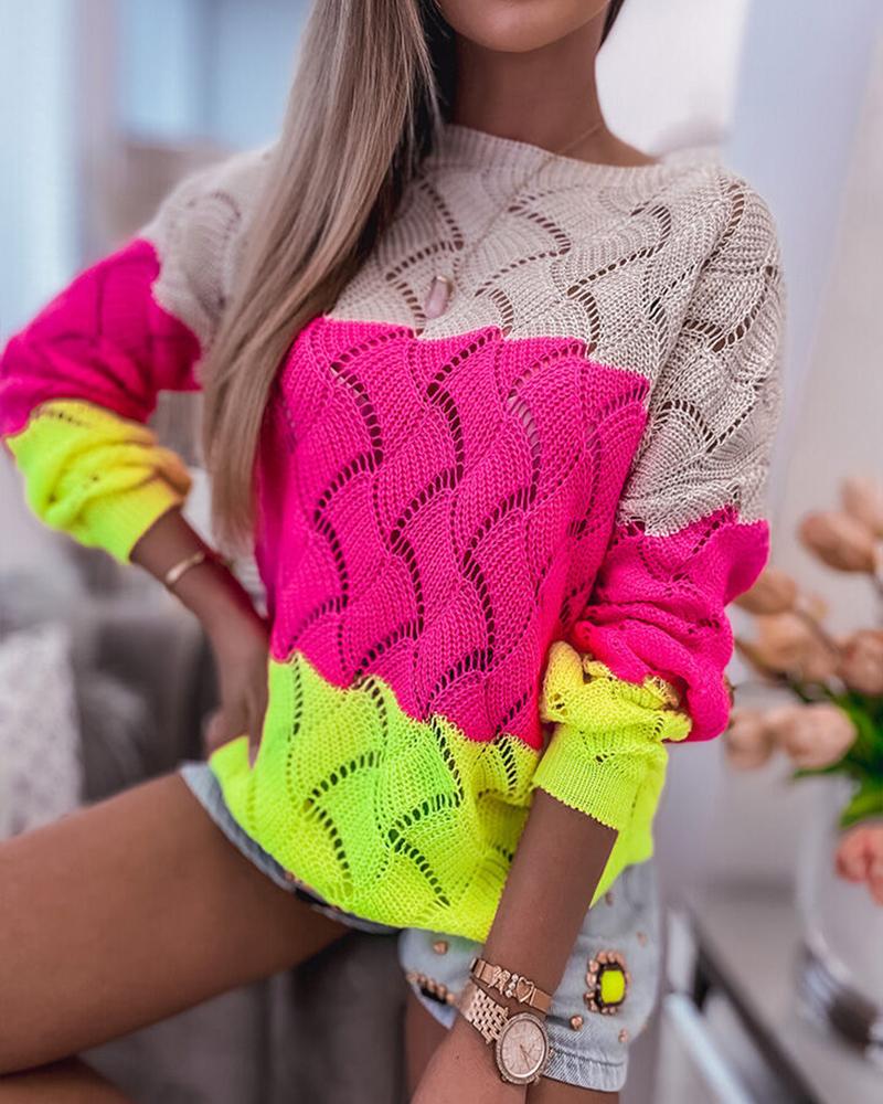 

Colorblock Boat Neck Hollow Out Knit Sweater, Multicolor