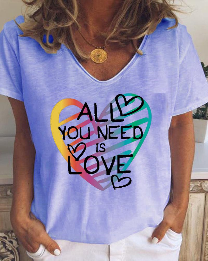 

Heart Letter Print V Neck Short Sleeve T-Shirt, Purple