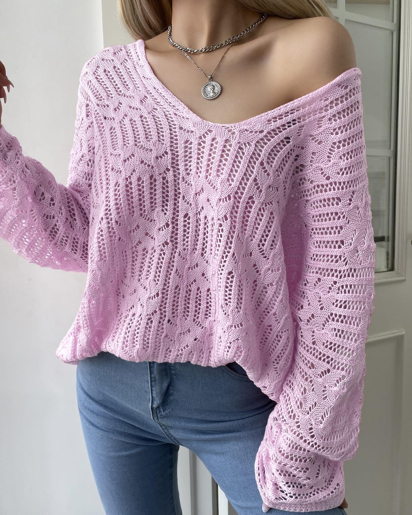 

V-Neck Bell Sleeve Hollow Out Knit Sweater, Pink