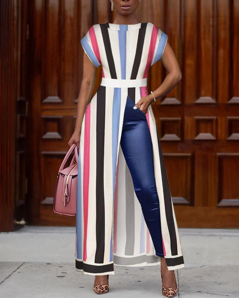 

Colorful Striped Slit Casual Blouse, Multicolor