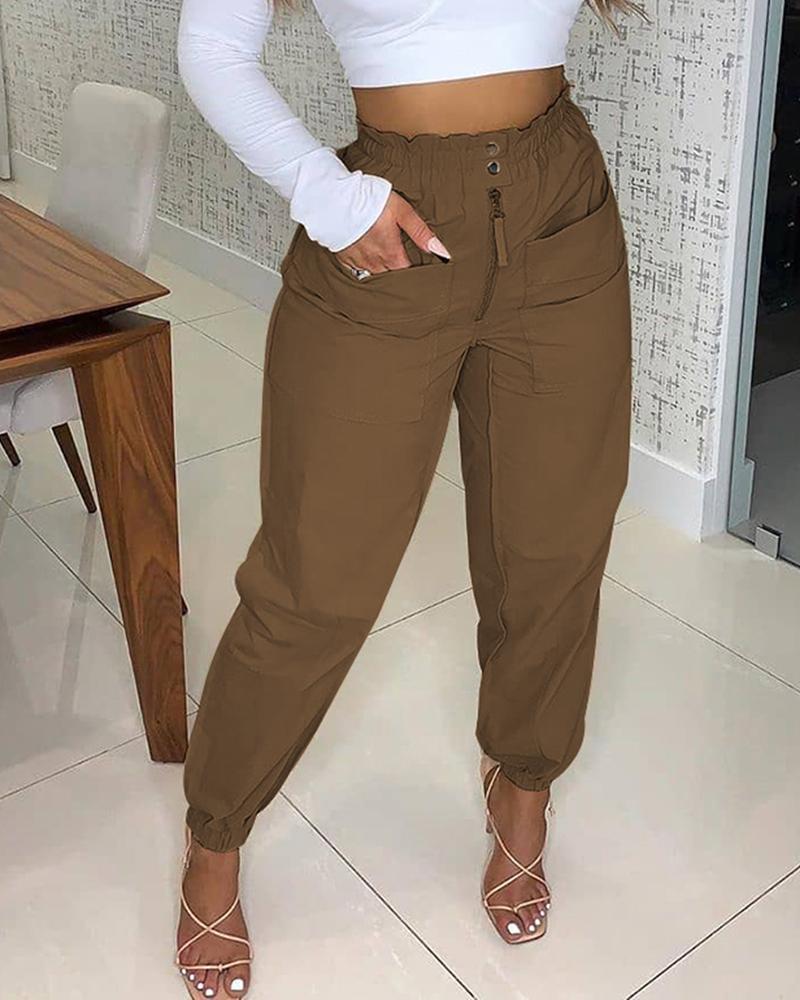 

Zipper Button Pocket Design Shirring Detail Pants, Coffee