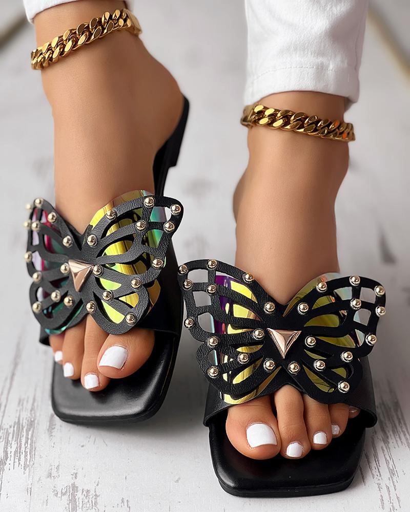 

Hollow Butterfly Pattern Contrast Paneled Slippers, Black