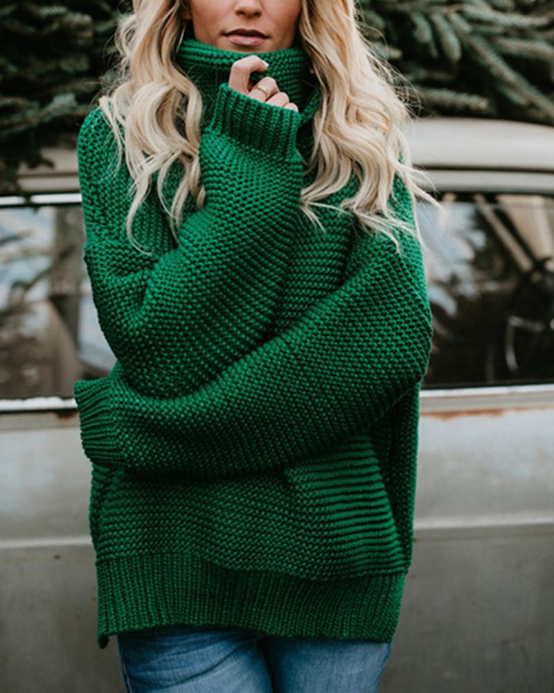

Long Sleeve High Neck Chunky Knit Sweater, Green